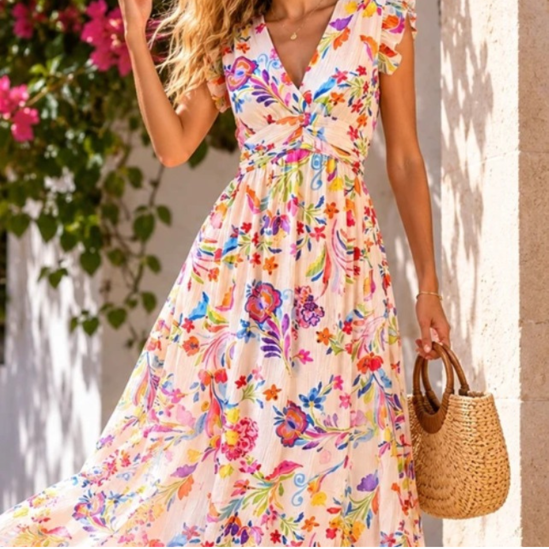 Robe rose pastel à imprimé floral