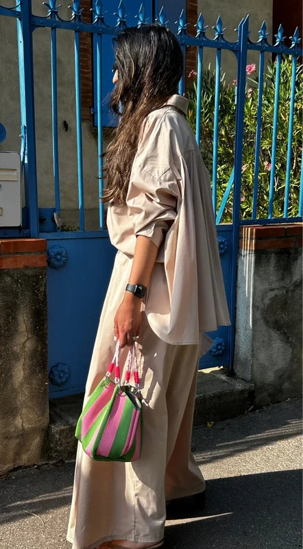 Ensemble chemise et pantalon large oversize coton beige