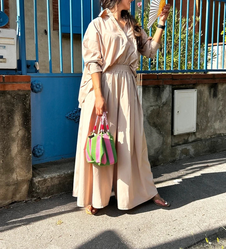 Ensemble chemise et pantalon large oversize coton beige