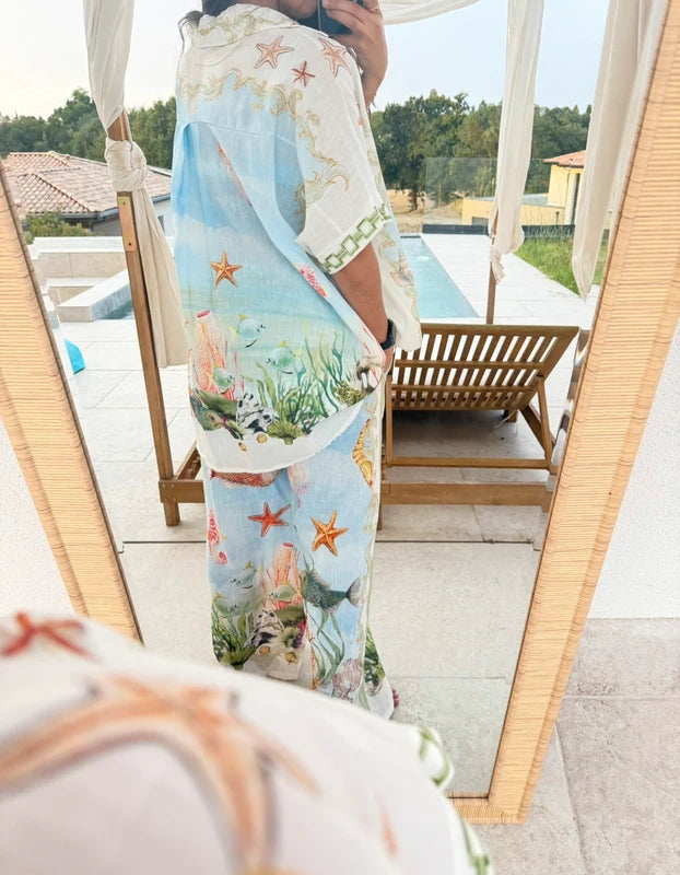 Ensemble lin et coton motif coquillage et poissons