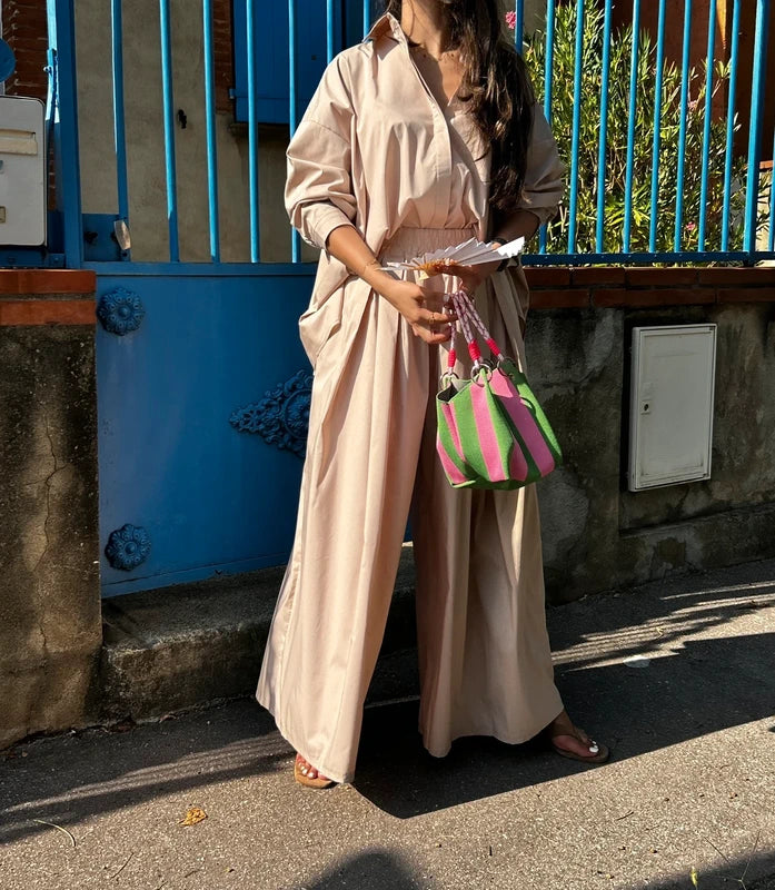 Ensemble chemise et pantalon large oversize coton beige
