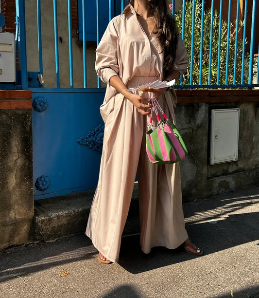 Ensemble chemise et pantalon large oversize coton beige